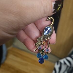 Vintage Drama Peacock Earring With Blue Glass Center Stone